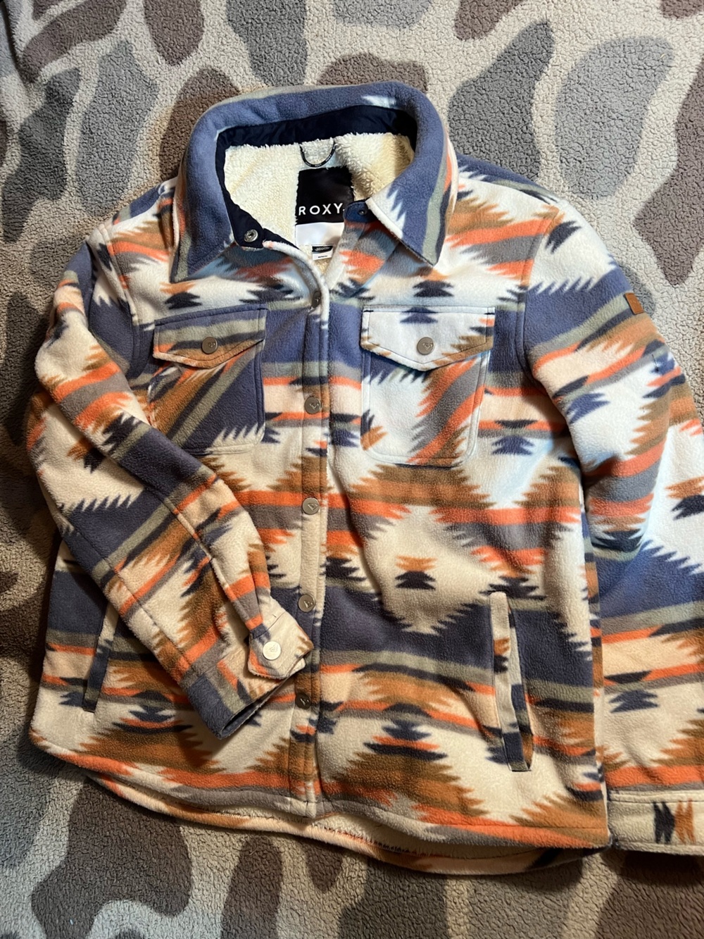 Roxy Aztec Fleece Shacket in Navy, Cream & Rust